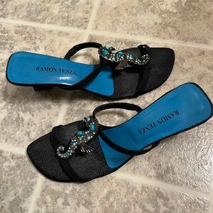 Rare Ramon Tenza Black Sandals with Turquoise Accents Seahorse